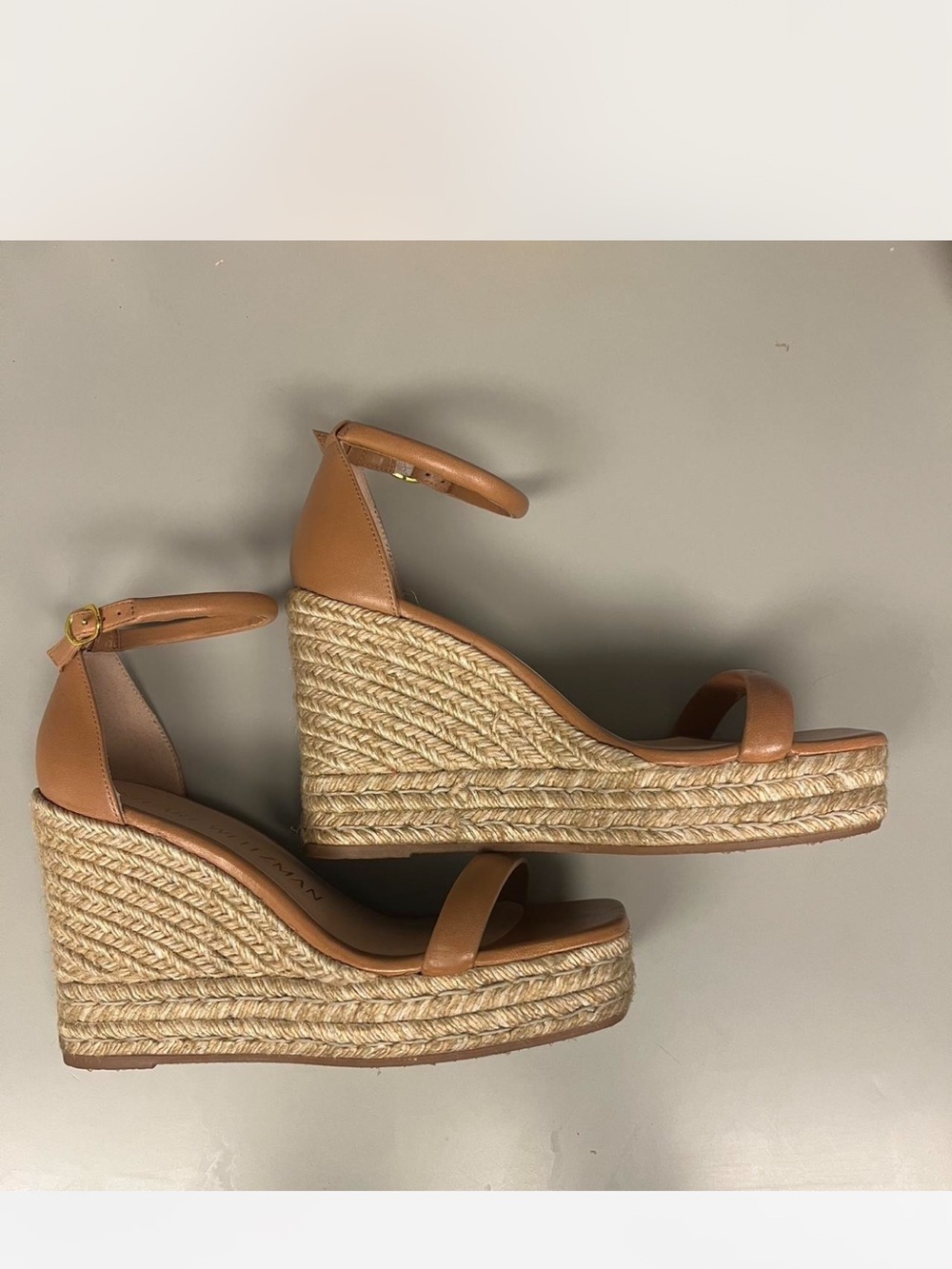 Stuart Weitzman Cognac Leather Espadrille Wedge Sandals - Picture 6 of 7